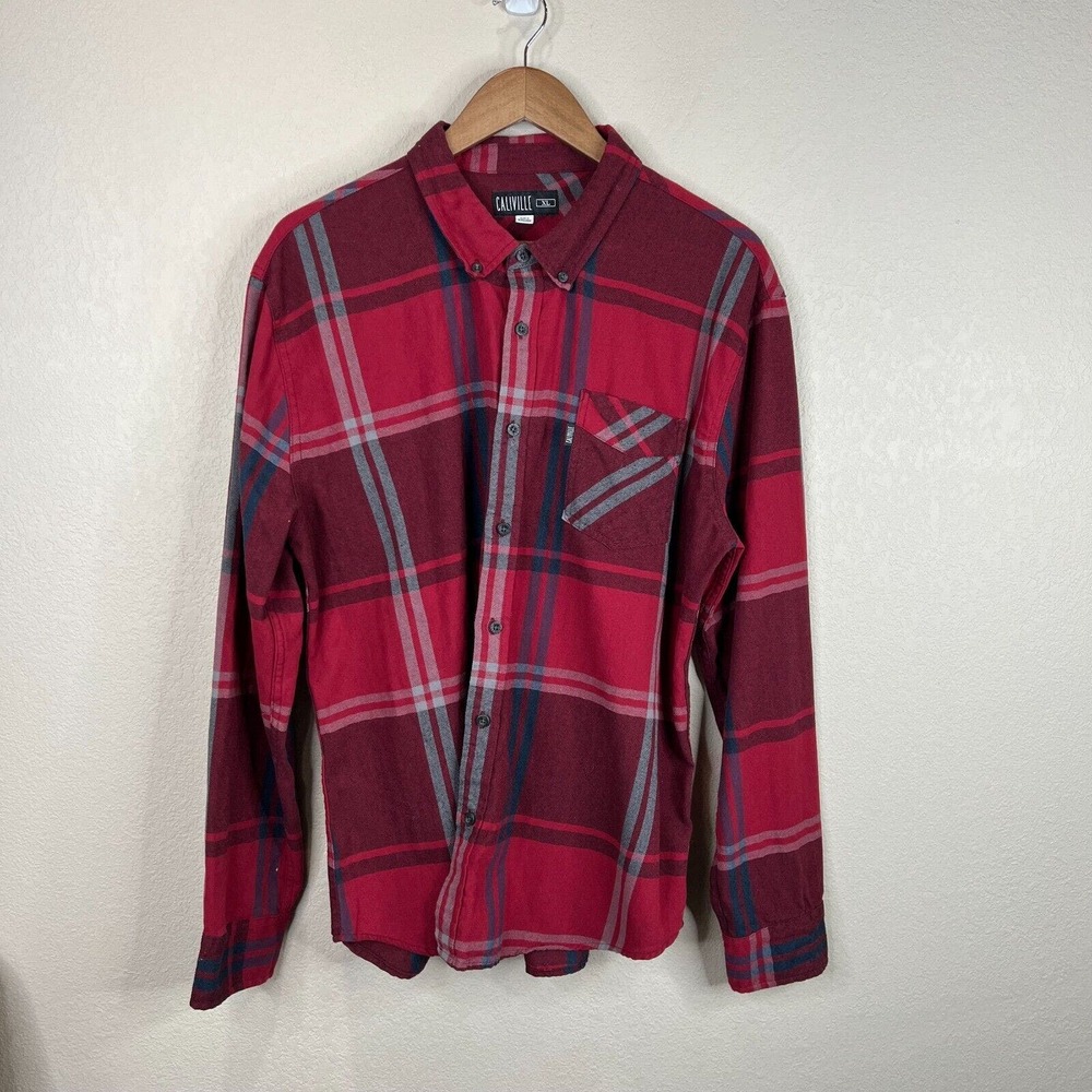 Caliville Mens Shirt Size XL Red Plaid Long Sleeve Button-Down Flannel‎ Cotton